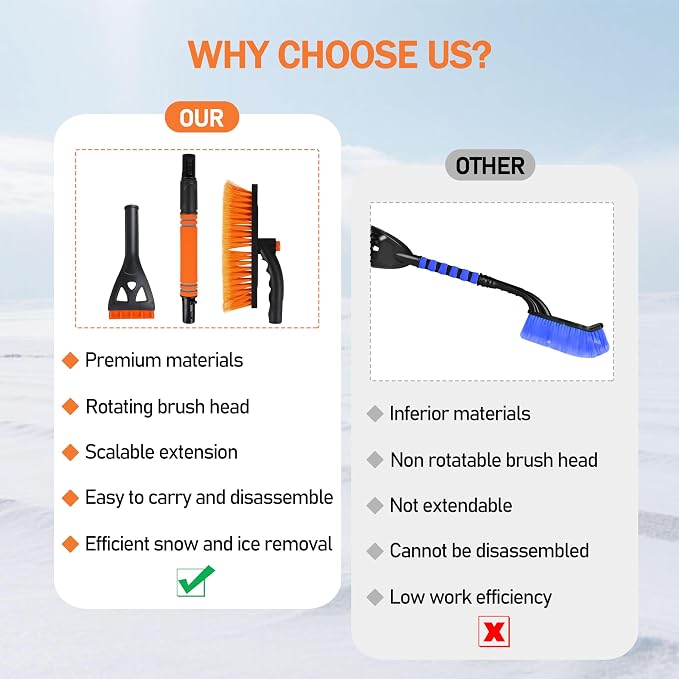 30.7" Snow Brush and Ice Scrapers for Car Windshield Detachable Snow Scrapers with Foam Grip 360° rotatable for Cars, Trucks, SUVs 1Pcs Orange
