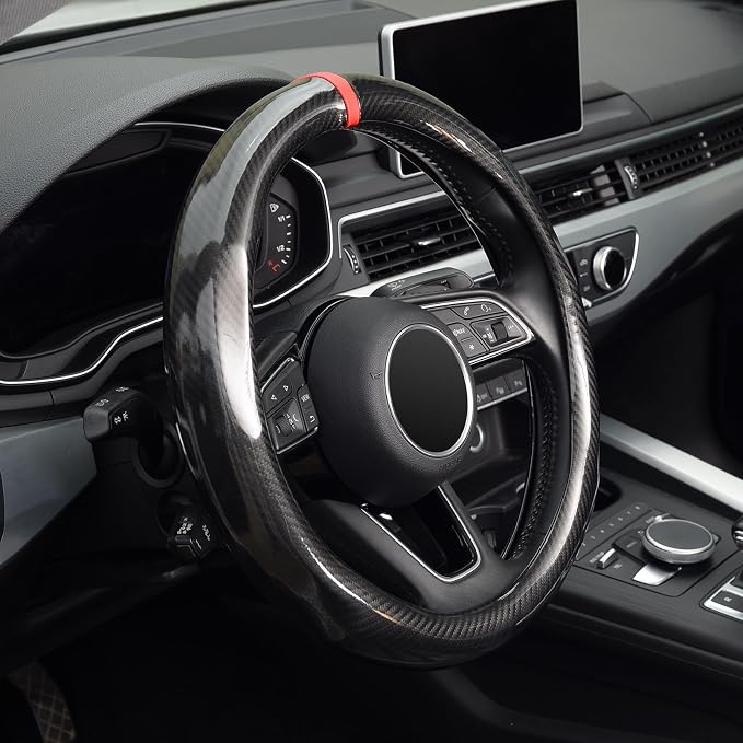 Carbon Fiber Car Steering Wheel Cover Small-Size 14"-14 1/4" Compatible with Prius Civic Model 3 Camaro Spark Rogue Mini Smart Audi