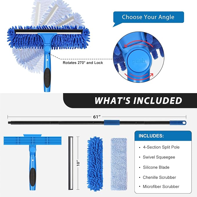 Professional 69'' Window Squeegee Cleaner Tool with Extension Pole, 2-in-1 Squeegee for Window Cleaning Kit with Scrubber and Rotating Head, 1 Blade 2 Scrubber