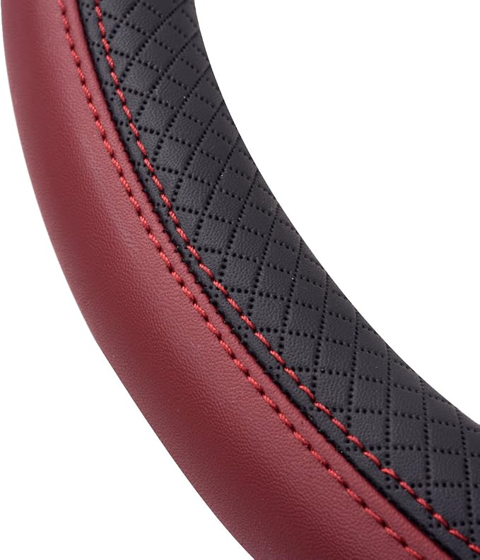Rhombus Leather Universal Steering Wheel Cover, Fit for Suvs,Trucks,Cars,Sedans,Vans (Black&Burgundy)