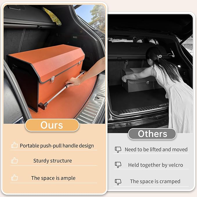 Car Trunk Organizer for SUV, Collapsible Leather Car Storage Trunk Organizer with Lid and Sturdy Handle Car Trunk Leather Storage Box (Orange, 27.1 x 11.4 x 12.2in)