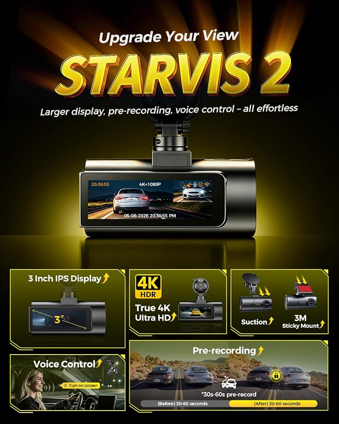 GKU 4K Dual Dash Cam Front and Rear, STARVIS 2 Sensor, 5.8GHz WiFi6 Up to 20MB/s, Voice Control, Dash Camera with GPS, WDR Night Vision, 24H Parking Mode, Loop Recording(No SD Card)