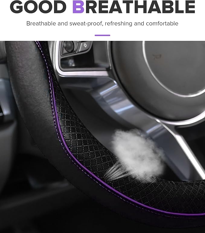 Steering Wheel Cover,Car Accessories,Microfiber Leather Car Steering Wheel Covers,Universal 15 Inch Anti-Slip Breathable Auto Interior Decor Protector,Suitable for Most Cars (Black&Purple)