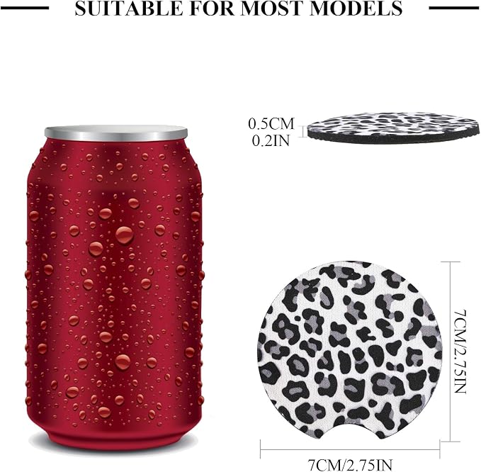 4 Pack Snow Leopard Print Car Coasters, 2.75inch Neoprene Cup Pad Mat for Cup Holders