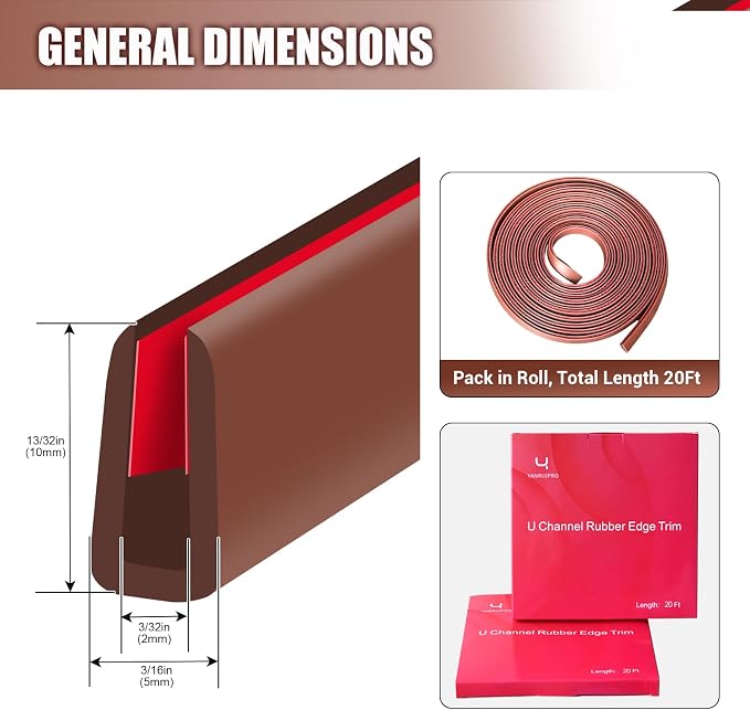 Rubber Edge Trim, Flexible Edge Trim for Sharp Edge, 3/32" U Channel Edge Protector, Self Adhesive Edge Guards for Car Doors, Truck Doors and Sheet Metal Parts, 20Ft, Brown Color
