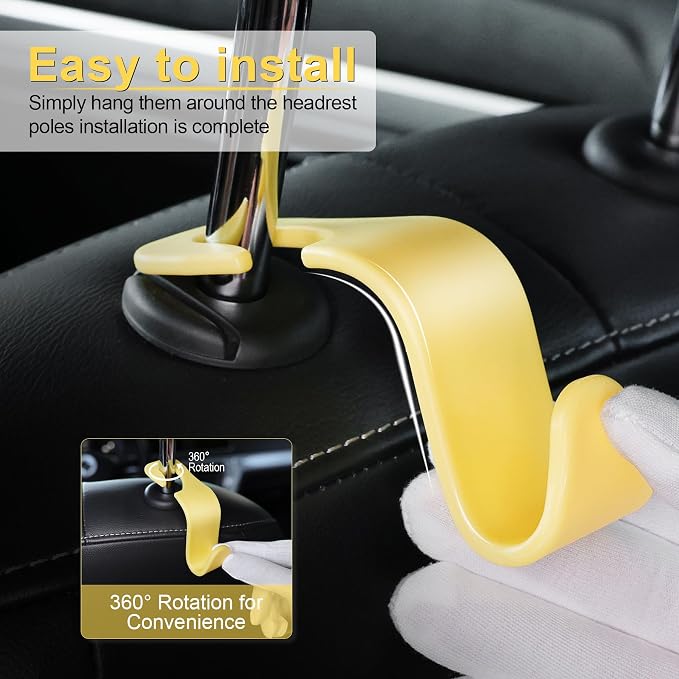 Car Seat Headrest Hook, Car Headrest Hidden Hook, 4 Pack Universal Auto Car Back Seat Hook Organizer for Purse Coat, Car Interior Accessories (Yellow)