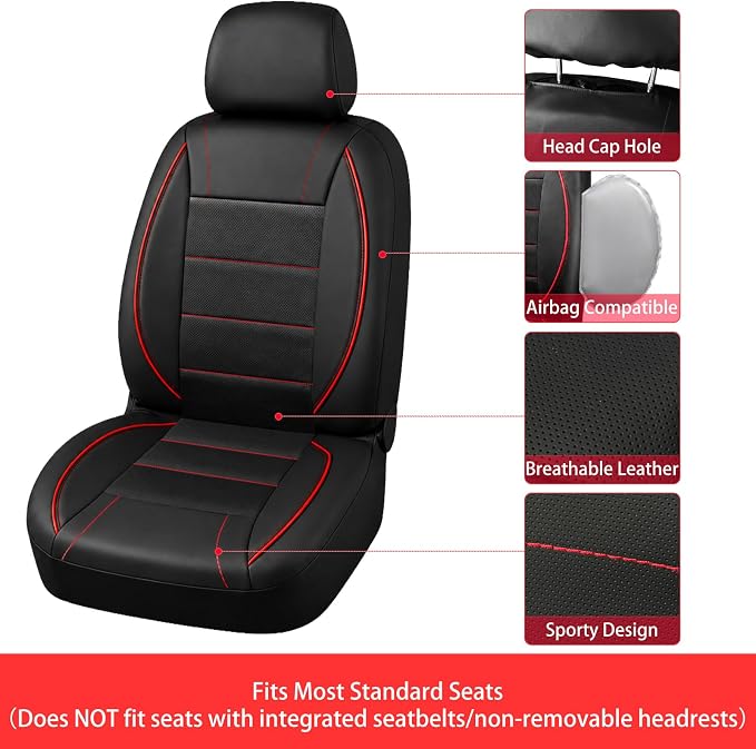 14 PCS Leather Car Seat Covers Full Set, 14.5”-15'' Sporty Steering Wheel Cover Universal, Center Console Cover, Seat Belt Cushion, Cup Holder Coaster, Car Interior Set Red