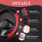 Faux Leather Steering Wheel Cover and Waterproof Car Floor Mats,Universal Car Combo Fit for 95% Sedan,SUV,Cars,14.5-15inch Sporty Anti-Slip Safety Comfortable Design(Black＆Red)