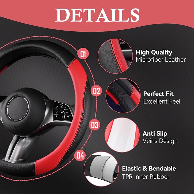 Faux Leather Steering Wheel Cover and Waterproof Car Floor Mats,Universal Car Combo Fit for 95% Sedan,SUV,Cars,14.5-15inch Sporty Anti-Slip Safety Comfortable Design(Black＆Red)