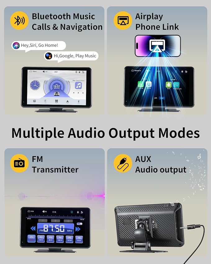 Wireless CarPlay & Android Auto Screen for Car - 7" Portable Car Stereo with 1080P Backup Camera, GPS Navigation, Voice Control, Bluetooth, FM, AUX - Universal Plug & Play Head Unit for Older Vehicles