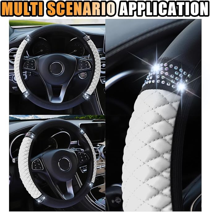 15 Inch Bling Soft Leather Car Steering Wheel Cover, White | Colorful Rhinestones Design, Auto Elastic Protector for Women Girls, Crystal Diamond Car Accessories for Most Cars, SUVs