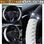 15 Inch Bling Soft Leather Car Steering Wheel Cover, White | Colorful Rhinestones Design, Auto Elastic Protector for Women Girls, Crystal Diamond Car Accessories for Most Cars, SUVs