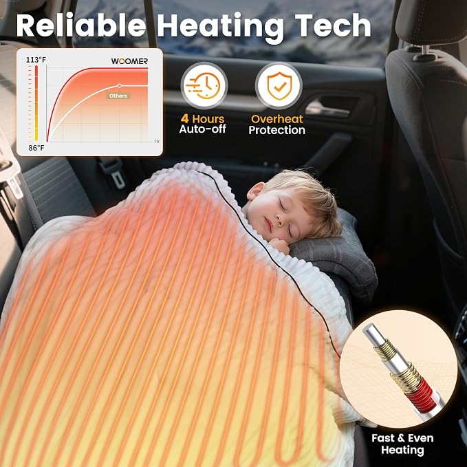 12V Electric Throw Blanket for Car – Soft Faux Fur & Cozy Sherpa with 2 Output USB Ports (1A +1 C) 4 Heating Levels & 4 Hours Auto Off, Machine Washable, 59" X 43", Beige