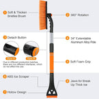 34" Extendable Ice Scrapers for Car Windshield 2-in-1 Snow Brush for Car Snow Scraper for Car Snow Scraper and Drush with Ergonomic Foam Grip for Cars, Trucks, SUV with 360° Pivoting Brush Head Orange