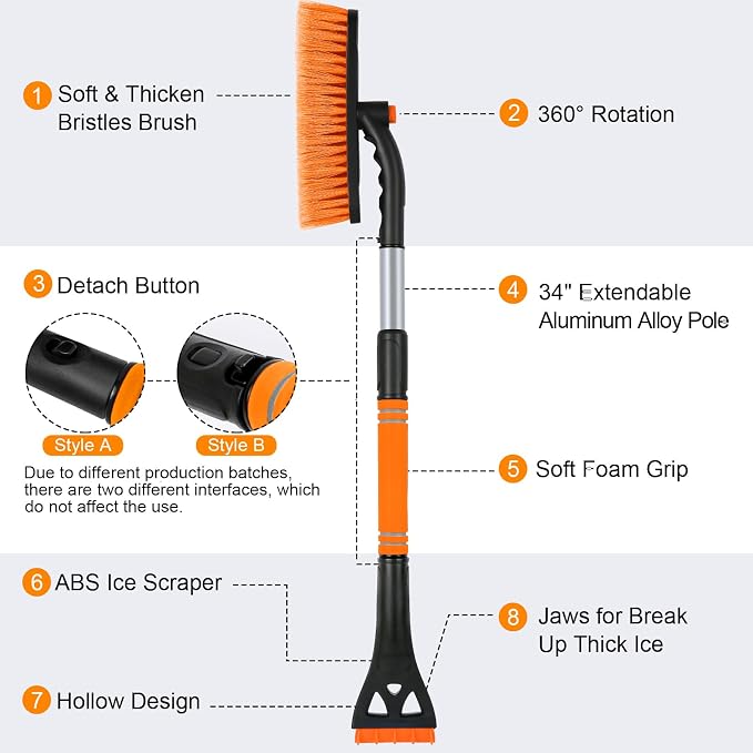 Ice Scrapers for Car Windshield, 2-in-1 Snow Scraper and Snow Brush for Car SUV Truck, Car Ice Windshield Scraper for Ice and Snow with 360° Pivoting Brush and Ergonomic Foam Grip Orange