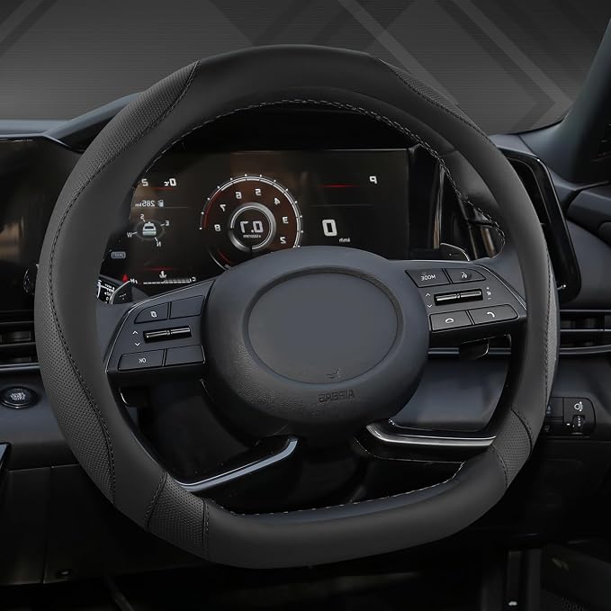 Flat Bottom Car Steering Wheel Cover for Hyundai,D Shaped Steering Wheel Cover for Tucson,Sonata,Elantra,Santa Fe,Genesis,Sonata Hybrid,Azera,Venue,Kona (Black-Standard Size)