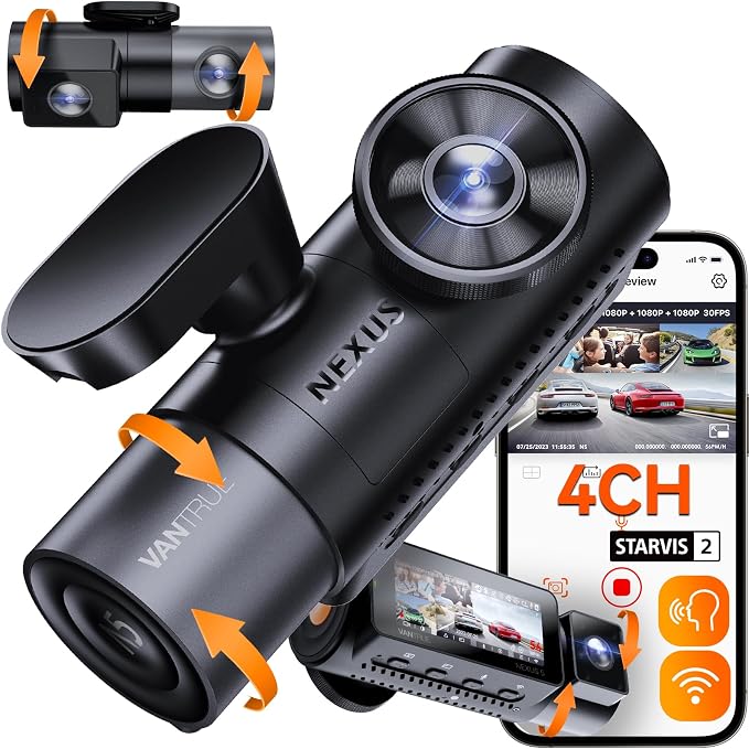 N5 4 Channel WiFi 360° All Sides Dash Cam, STARVIS 2, IR Night Vision, 2.7K+1080P*3 Front Rear Inside Dashcam, Voice Control, GPS, 24 Hours Buffered Parking Mode Dash Camera, 512GB Max (N5)