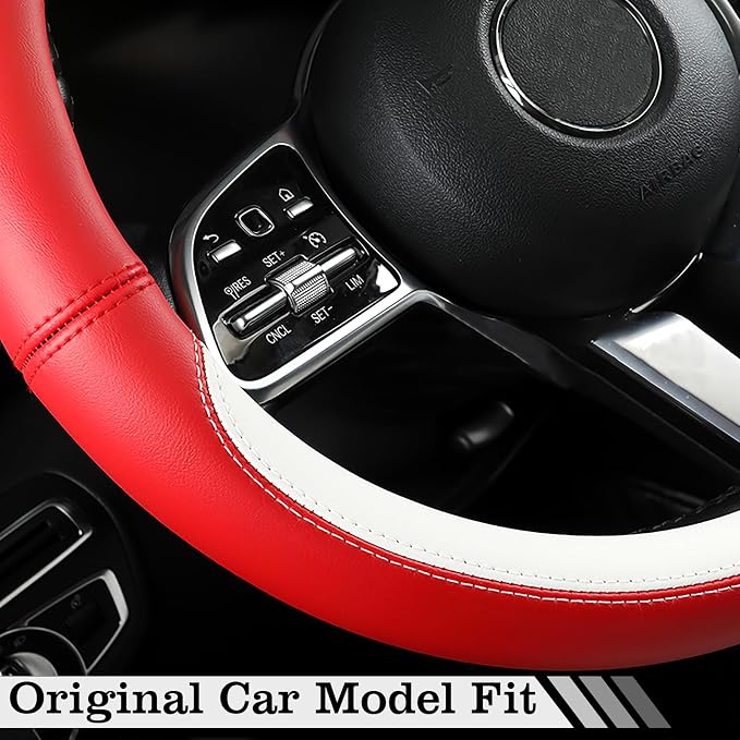 Car Leather Steering Wheel Cover - Panapi Material, Universal 14.5-15 Inch Leather Anti-Slip Breathable Auto Steering Wheel Covers for Men Women (Nappa Leather - Red & White)