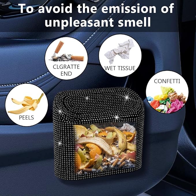 Car Trash Can with Lid, Bling Crystal Mini Vehicle Trash Bin Car Dustbin Garbage Organizer, Automotive Garbage Can Bin Trash Container for Auto Cars, Home, Office - Black