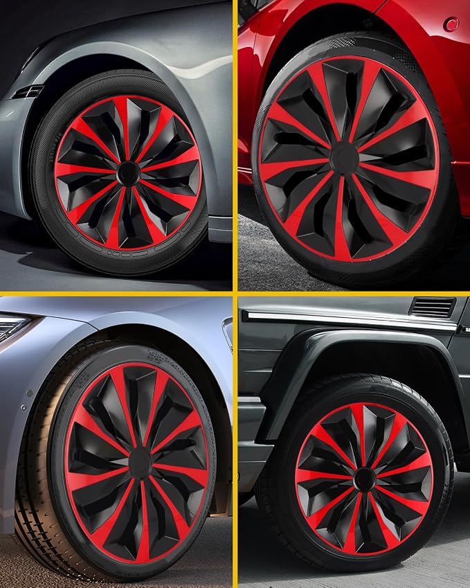 Hubcaps,16 inch hubcaps Set of 4, Wheel Rim Cover ABS Material, Snap On Car Truck SUV Replacement, for Toyota Camry Nissan Mazda etc, Black & Red