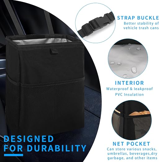 Hanging Car Trash Can with 4 Storage Pockets, Waterproof Leakproof Oxford Auto Garbage Bag, Adjustable Garbage Bag, Foldable Car Trash Bin Fit for Truck, SUV, Home, Office