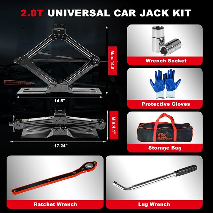 Car Jack 2Ton/4409 lbs Universal Scissor Jack with Rubber Pad, Portable Tire Changing Kit with Lug Wrench, Emergency Kit for Sedan SUV MPV