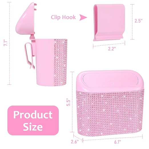 Bling Pink Car Trash Can with Lid, Mini Auto Garbage Storage Bin with 60 Trash Bags, Small Car Garbage Container Bin, Sparkling Crystal Vehicle Dustbin for Front Back Seat Accessories for Cars