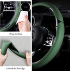 Car Steering Wheel Cover Leather Snap On 3Pcs Set Non-Slip Protector Wrap Steering Wheel Accessories 14.5-15 inch Universal Green