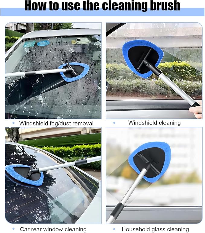 Car Windshield Cleaner Tool, Vehicle Window Detailing Cleaning Kit with Extendable Handle & 4 Washable Microfiber Pad, Auto Glass Wiper Cleaner for Exterior & Interior, Universal Fit (Blue)