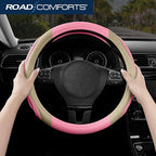 Car Steering Wheel Cover - Microfiber Leather Steering Wheel Wrap Sports 14.5-15 Inch Steering Wheel Cover Non-Slip for Men Women Pink & Beige Color