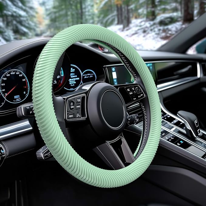 Car Steering Wheel Cover, Thin Anti-Skid Silicone Steering Wheel Cover for Men & Women, Universal Automotive Interior Accessories for Most Cars (Light Green)