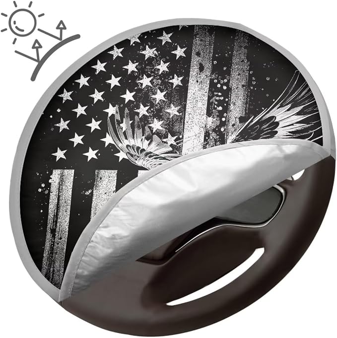 Universal Car Steering Wheel Sun Shade Cover,Black White American Eagle Heat-Resist Aluminum Foil Steering Wheel Cover for Most Car Auto Interior Protector