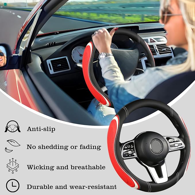 Leather Splicing Black Red White Car Steering Wheel Cover,14.5-15 Inch Universal Microfiber Leather Covers Breathable Anti-Slip Odorless Steering Wheels Accessories for Men Women