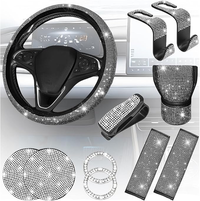 11PCS/Set Bling Car Accessories Set for Women, Rhinestone Vehicle Steering Wheel Cover Seat Belt Cushion Gear Shift Protector Cup Holder Coaster, Universal Automotive Accessories (White)