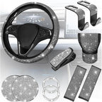 11PCS/Set Bling Car Accessories Set for Women, Rhinestone Vehicle Steering Wheel Cover Seat Belt Cushion Gear Shift Protector Cup Holder Coaster, Universal Automotive Accessories (White)