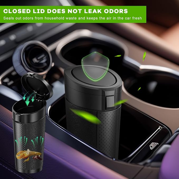 Car Trash Can Bin with Lid, Cup Holder Garbage Container Leakproof Vehicle Door Trash Bin, Mini Portable Dustbin Multipurpose Organizer for Auto Side Door Home Office (Black)