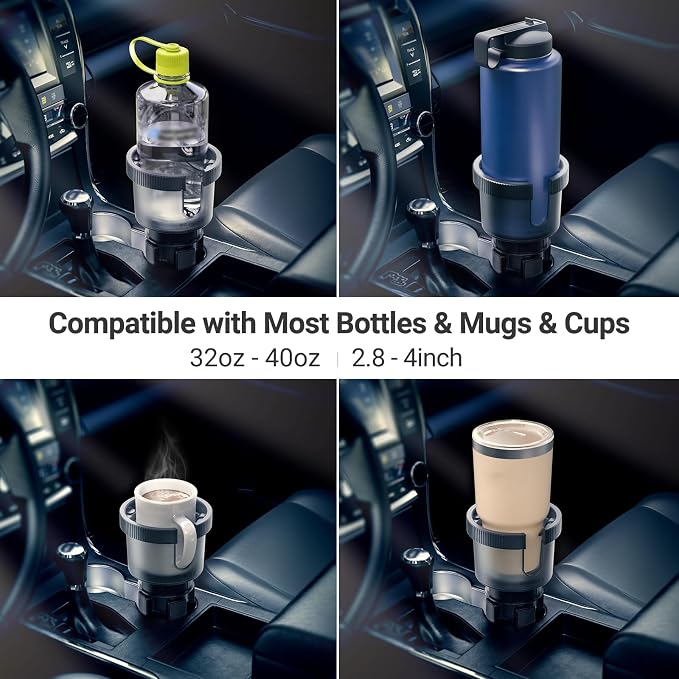 2-in-1 Car Cup Holder Expander for Phone MagSafe, Upgraded Cup Holder Phone Mount for Car with Adjustable Base, Compatible with Yeti 20/26/30 oz, Hydroflask 32/40 oz (Transparent Black)