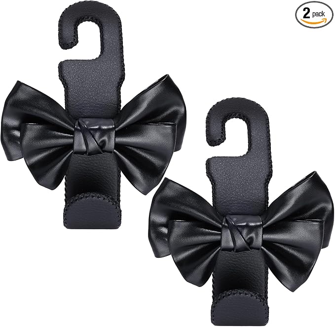 Car Purse Hook, Cute Bow Hooks for Headrest - Leather U-Shaped Purse Holder for Car, Flexible Seat Back Organizer & Durable Vehicle Accessories for Bags, Coats & More (Black-2 Pack)