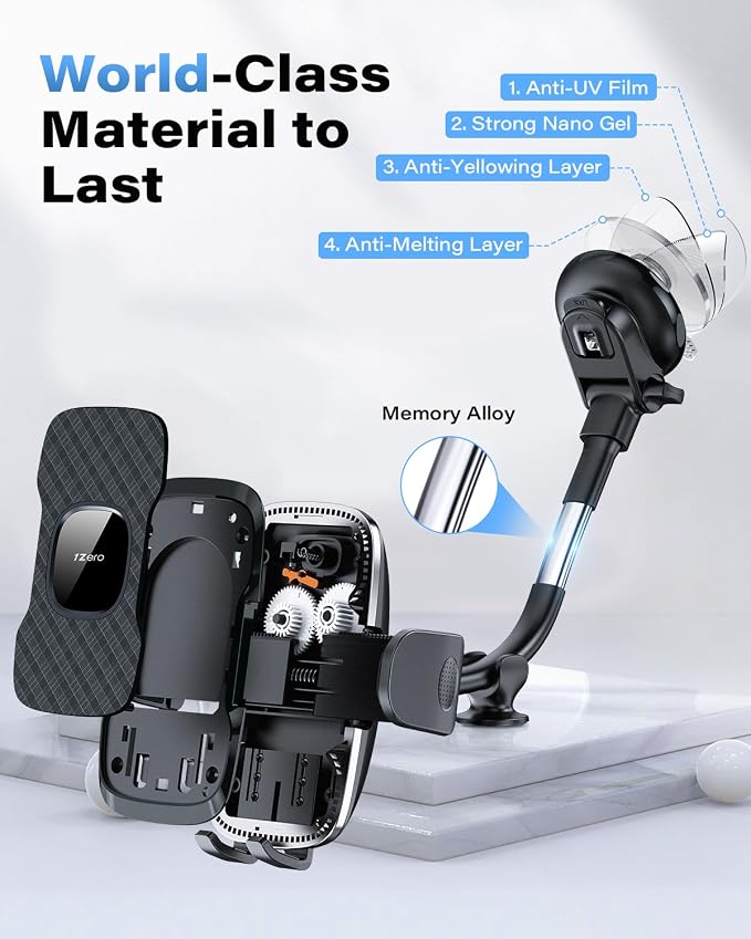 Solid Car Truck Phone Mount Holder with Thick Gooseneck Long Arm, Windshield Window Mobile Holders w/Industrial-Strength Suction Cup, Anti-Shake Stabilizer Compatible All Cell Phones, Black