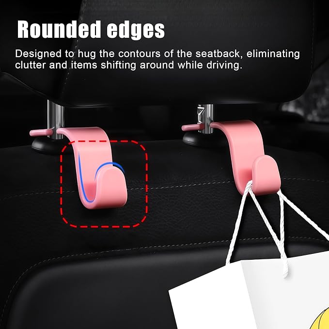 Purse Hook for Car, 4 PCS Car Purse Hook Headrest Hooks, 360° Rotatable Back Seat Storage Organizer, Universal Vehicle Seat Hanger for Purses, Handbags, Grocery Bags, Water Bottles, Pink
