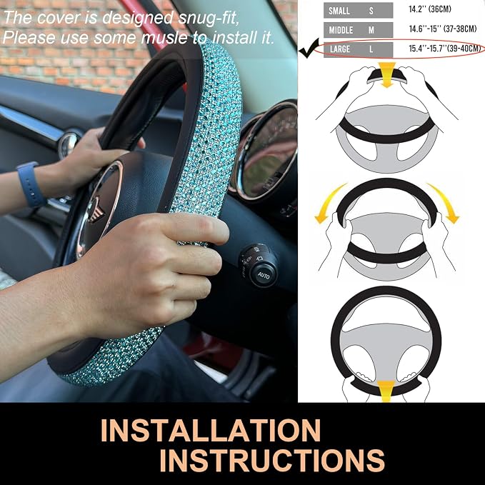 Large Size Bling Comfy Steering Wheel Cover with Jumbo Crystal Rhinestones, Anti-Slip Diamond Leather, 15.5-15.75 Inch (Sky Blue)