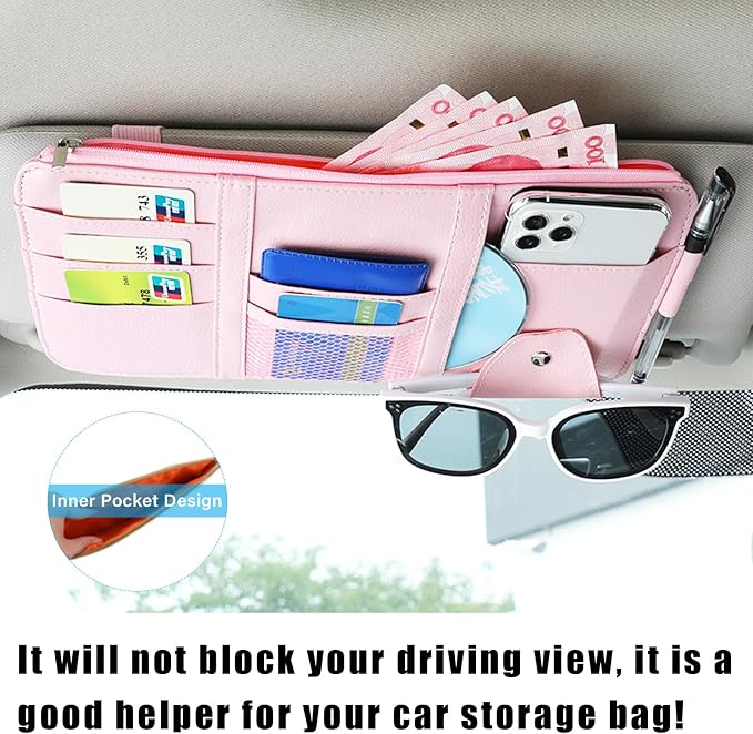 Car Sun Visor Organizer, Leather Personal Belonging Storage Pouch with Zipper, Car Visor Storage Pouch Sunglasses Holder, Auto Interior Accessories Pocket Organizers (Pink)