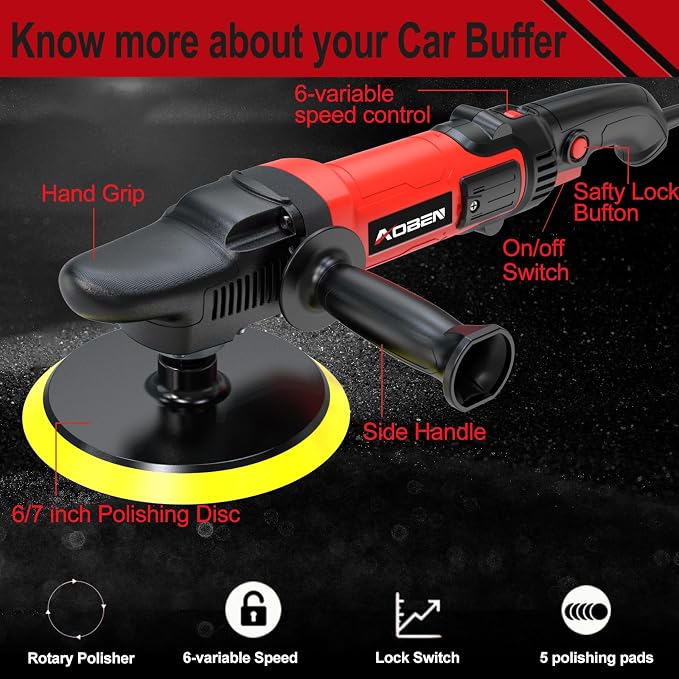 6/7 inch Buffer Polisher,Rotary Car Buffer,1600W Car Polisher Waxer Kit with 6 Variable Speed 1000-3500RPM & 4 Polishing Pads,Detachable Handle for Car Polishing and Waxing