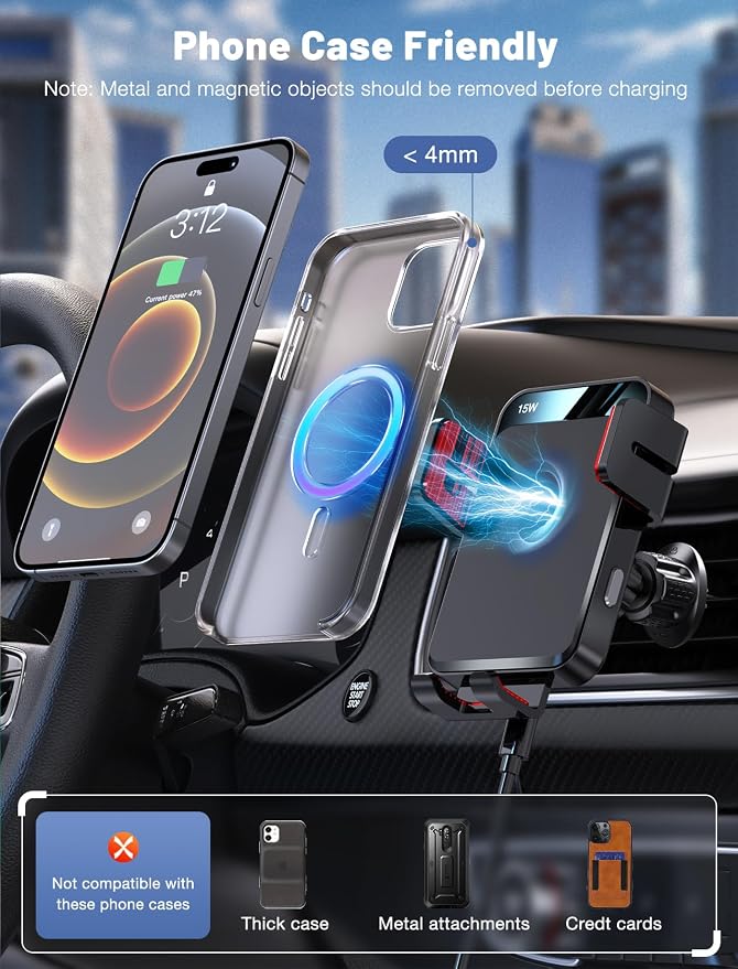 Wireless Car Charger, Auto-Clamping Car Mount 15W/10W/7.5W Fast Charging Air Vent Car Phone Mount Compatible with iPhone 15/14/13/13 Pro/12 Pro Max/12/11/10/8 Series, Samsung Galaxy Series Red
