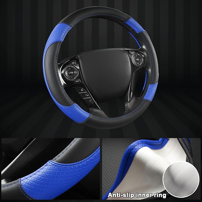 Microfiber Leather Steering Wheel Cover for Honda Accord,Civic,CR-V,HR-V,Pilot(Diamond-Pattern-Black+Blue-Standard Size)