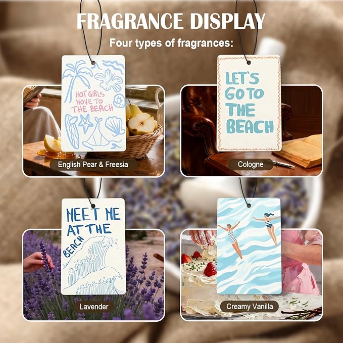 Blue Summer Beach Car Air Freshener 4 Pcs, Coastal Tropical Summer Ocean Hanging Air Freshener for Cars Closet Drawer Books, Girly Beachy Car Accessories for Women