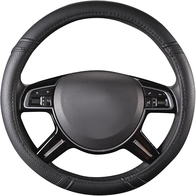 Classical Leather Automotive Universal Steering Wheel Covers,Universal Fit for Suvs,Trucks,Sedans,Cars,Vans,14.5-15inch Anti-Slip Safety Comfortable Desgin(Black)