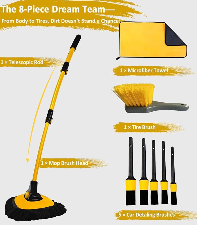 Car Wash Kit, Extendable Car Wash Brush Mop with Long Handle, 5pcs Detailing Brush, 1pc Wheel Brush and Microfiber Towel Car Cleaning Kit Supplies Accessories, Ginger