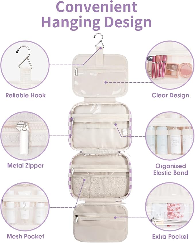 Hanging Toiletry Bag for Women Travel Makeup Bag Organizer Toiletries Bag for Travel Size Essentials Accessories Cosmetics (Purple Checkerboard (Medium))