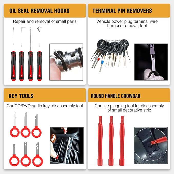 330Pcs Trim Removal Tool, Auto Push Pin Bumper Retainer Clip Set Fastener Terminal Remover Tool Adhesive Cable Clips Pry Kit Car Panel Radio Removal Auto Clip Pliers, Red